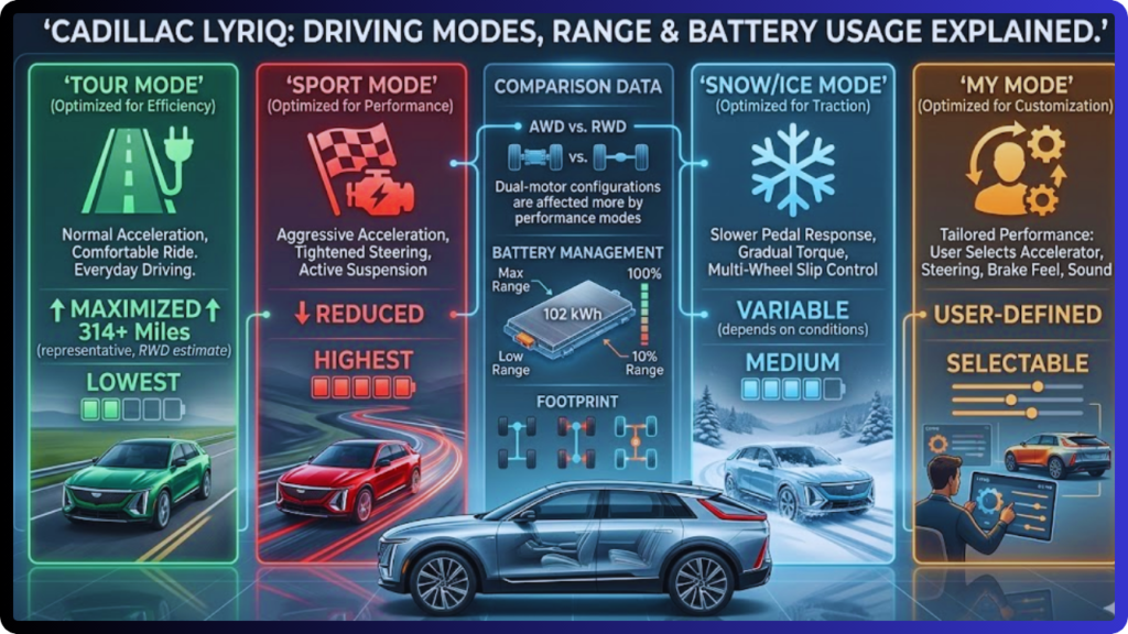 do the driving modes in cadillac lyriq offer different ranges or battery usages?